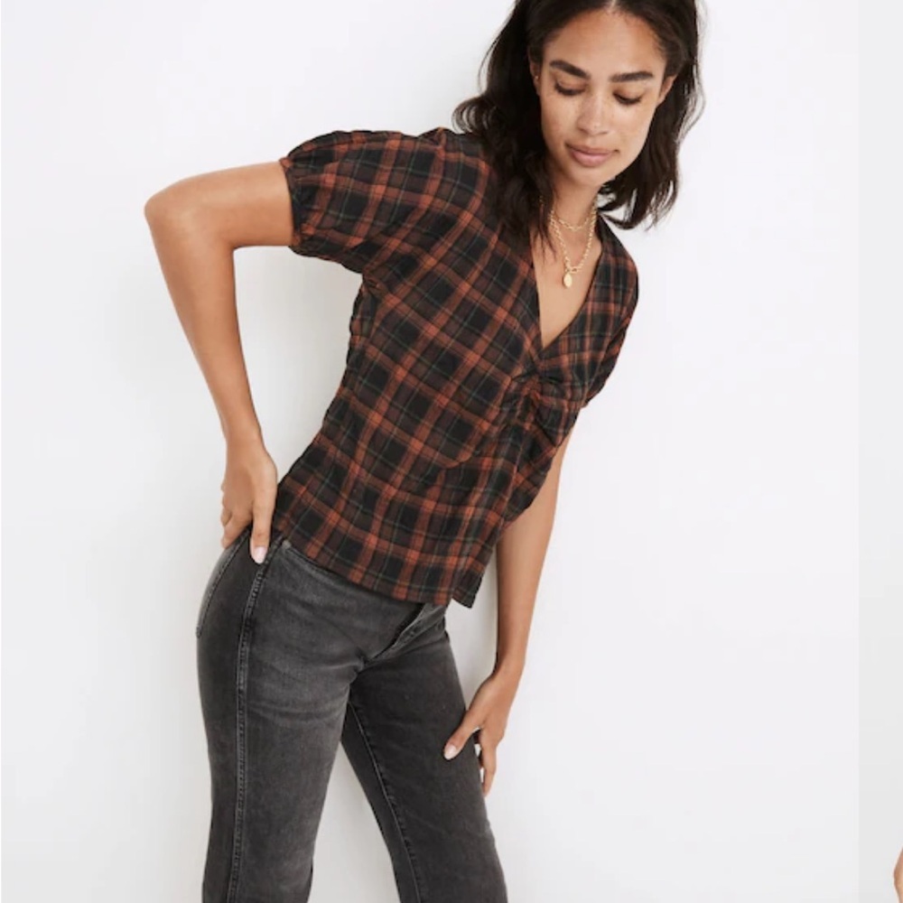 Madewell Gathered V-Neck Red and Black Plaid Top, new without tags